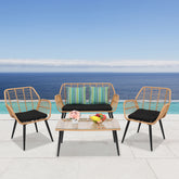 HAOYYE 4-Piece Outdoor Patio Furniture Set All Weather Rattan Bistro Set with Loveseat, Chairs, Table and Cushions for Backyard, Deck, Balcony, Conversation Seating Set